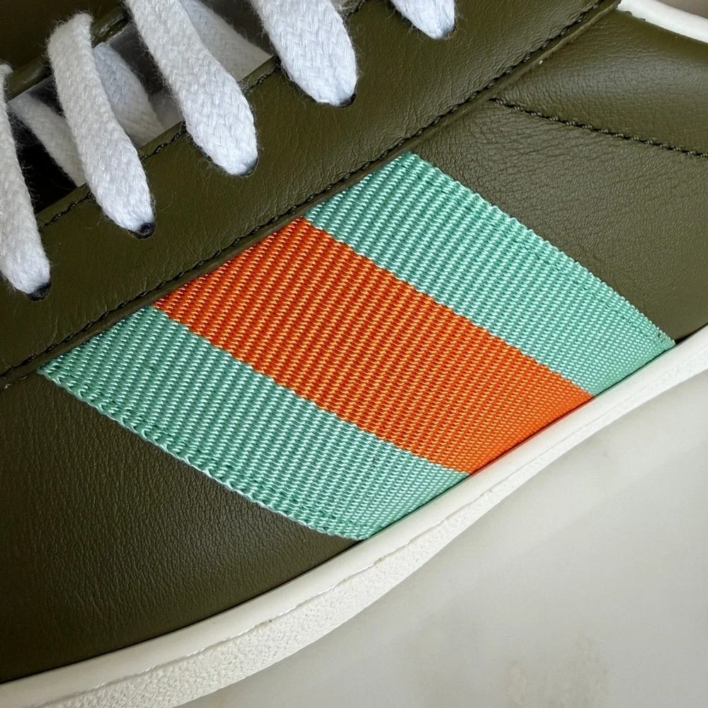 Gucci G74 Leather Sneakers Olive Green Blue Orange Web Stripe 858981 Mens UK 9.5